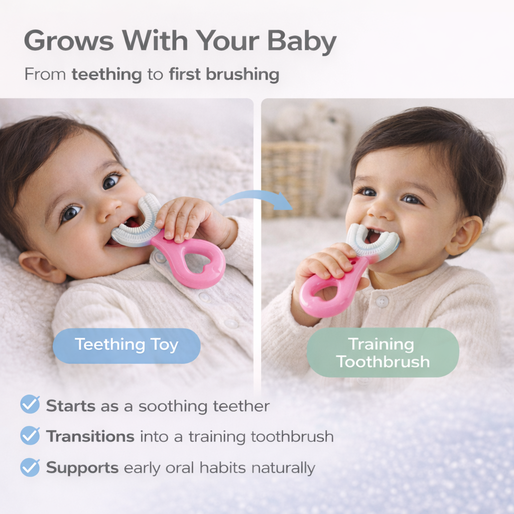 PInk Silicone 2-in-1 Teether & Training Toothbrush | Soft Silicone Pink Brush & Teether for Baby’s First Teeth | BPA-Free & Safe for 4+ Months by Begin Baby Care
