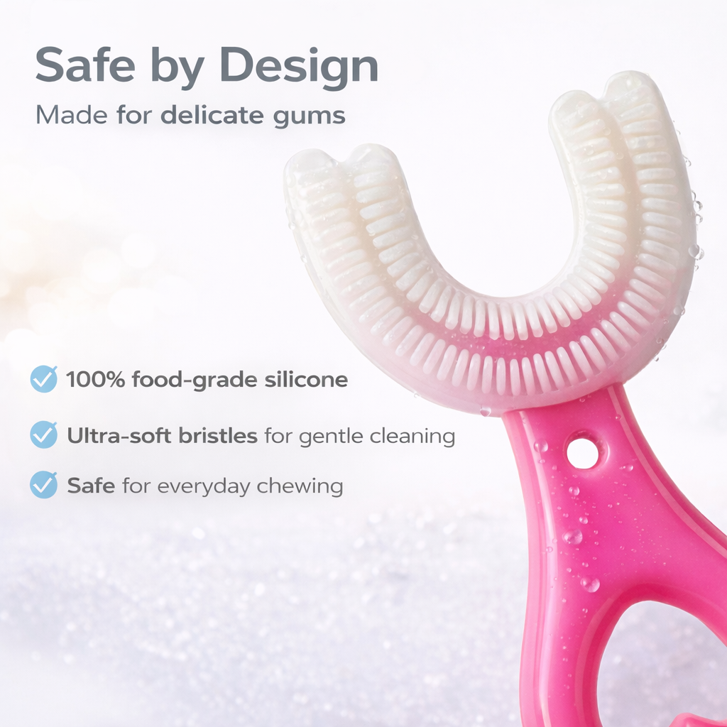 PInk Silicone 2-in-1 Teether & Training Toothbrush | Soft Silicone Pink Brush & Teether for Baby’s First Teeth | BPA-Free & Safe for 4+ Months by Begin Baby Care