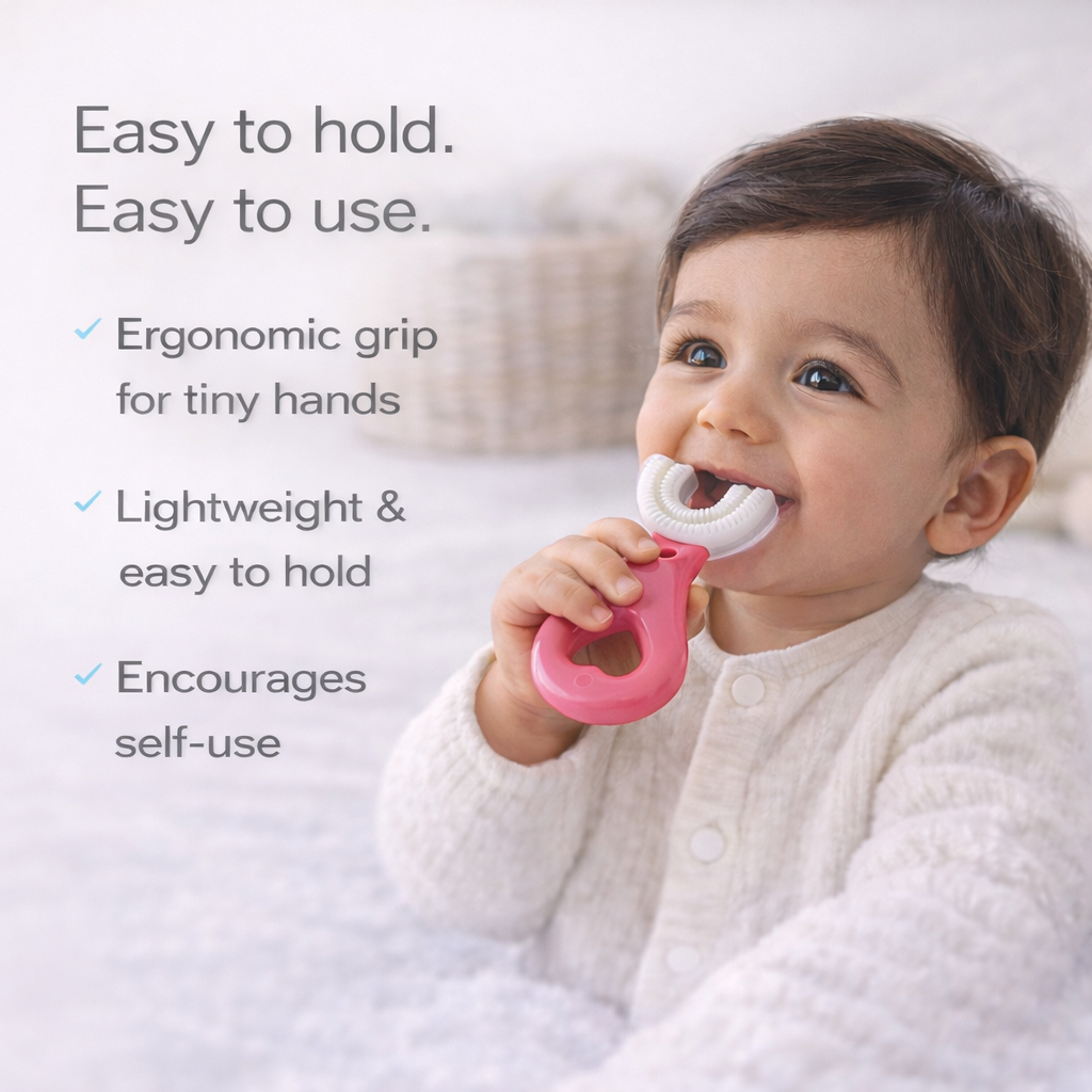 PInk Silicone 2-in-1 Teether & Training Toothbrush | Soft Silicone Pink Brush & Teether for Baby’s First Teeth | BPA-Free & Safe for 4+ Months by Begin Baby Care