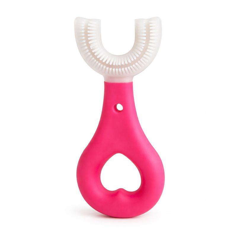 PInk Silicone 2-in-1 Teether & Training Toothbrush | Soft Silicone Pink Brush & Teether for Baby’s First Teeth | BPA-Free & Safe for 4+ Months by Begin Baby Care