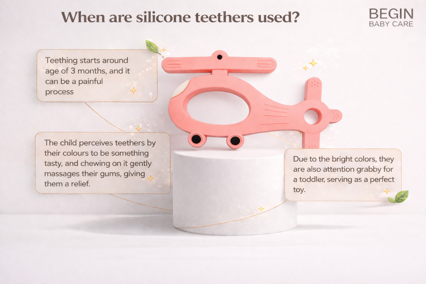 Pink Helicopter Silicone Baby Teether Toy with EasyGrip for 4+ Months Old