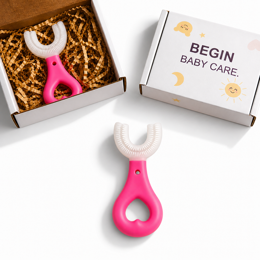 PInk Silicone 2-in-1 Teether & Training Toothbrush | Soft Silicone Pink Brush & Teether for Baby’s First Teeth | BPA-Free & Safe for 4+ Months by Begin Baby Care