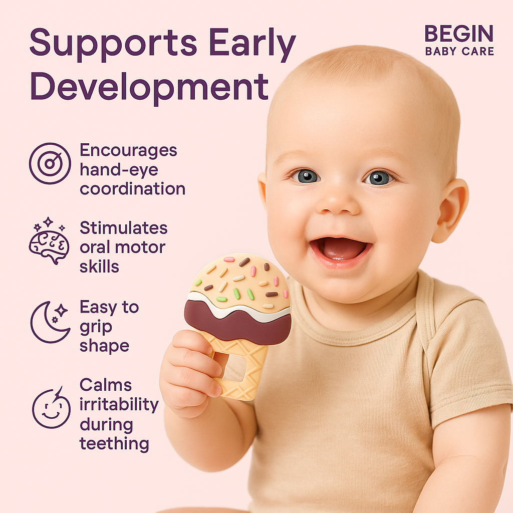 Butterscotch Ice Cream Silicone Baby Teether Toy with EasyGrip for 4+ Months Old from Begin Baby Care