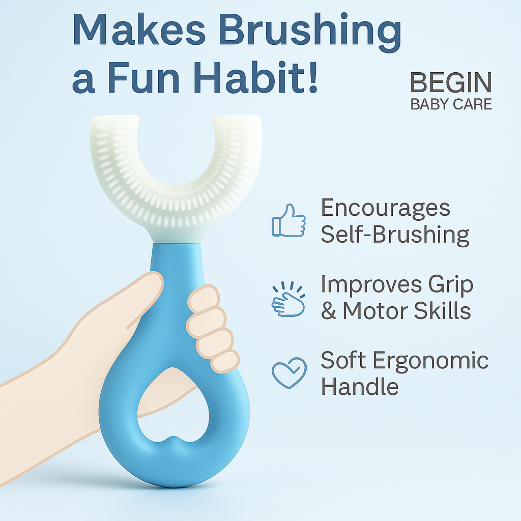 Blue Silicone 2-in-1 Teether & Training Toothbrush | Soft Silicone Brush for Baby’s First Teeth | BPA-Free & Safe for 4+ Months by Begin Baby Care