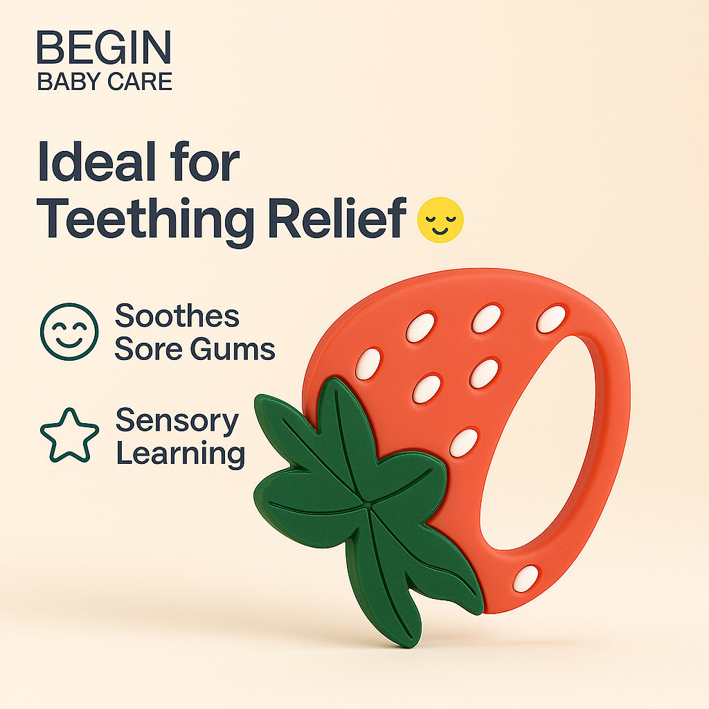 Strawberry Silicone Baby Teether & Toy with EasyGrip for 4+ Months Old from Begin Baby Care
