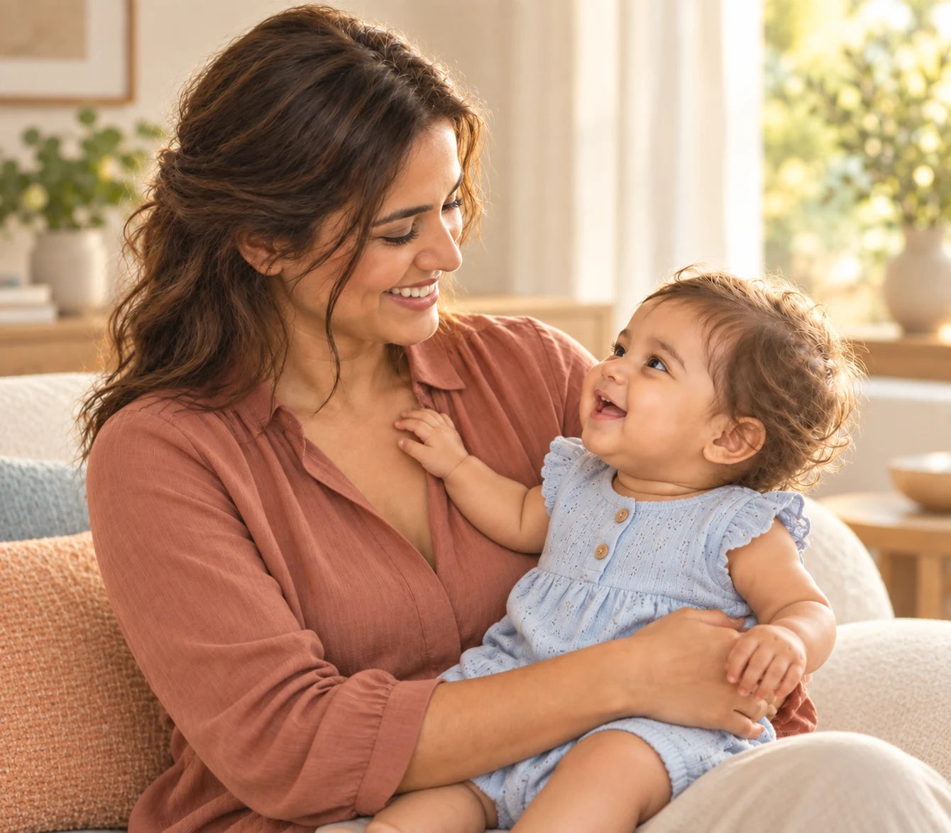 AI-generated image of a mother and baby daughter sharing a smile
