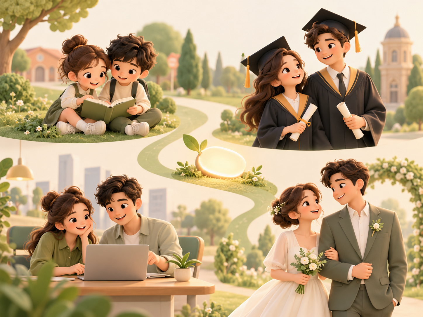 A 3D animated illustration of a girl and boy at school and college, and a woman and man at work and a wedding.