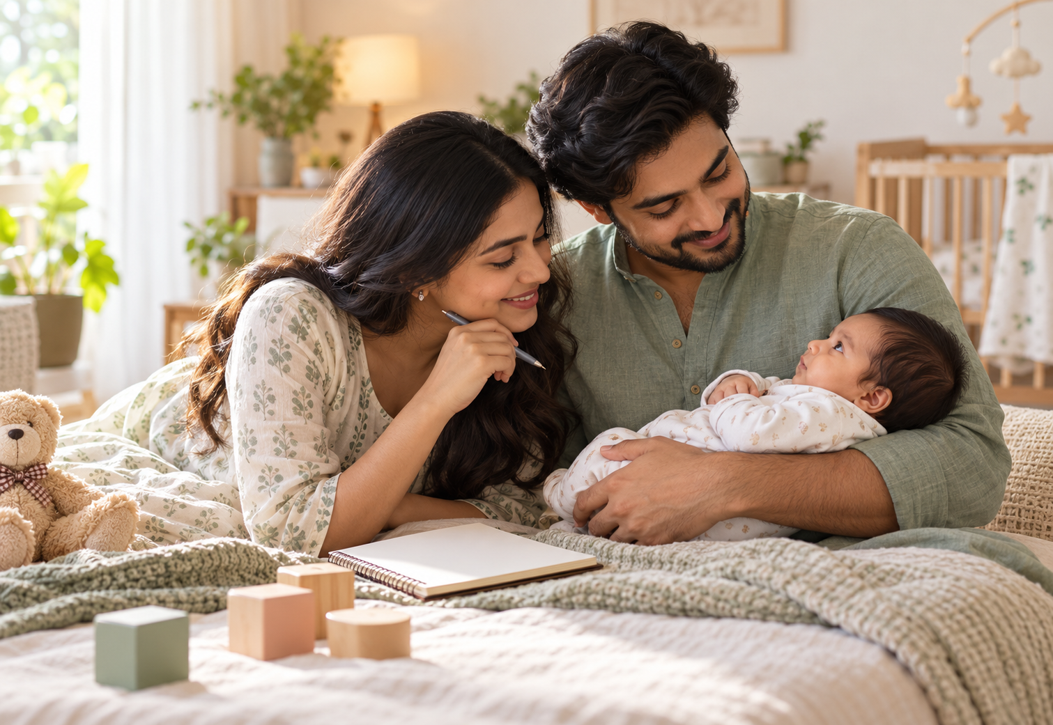 Indian parents sharing a quiet moment with their newborn as they consider baby names together