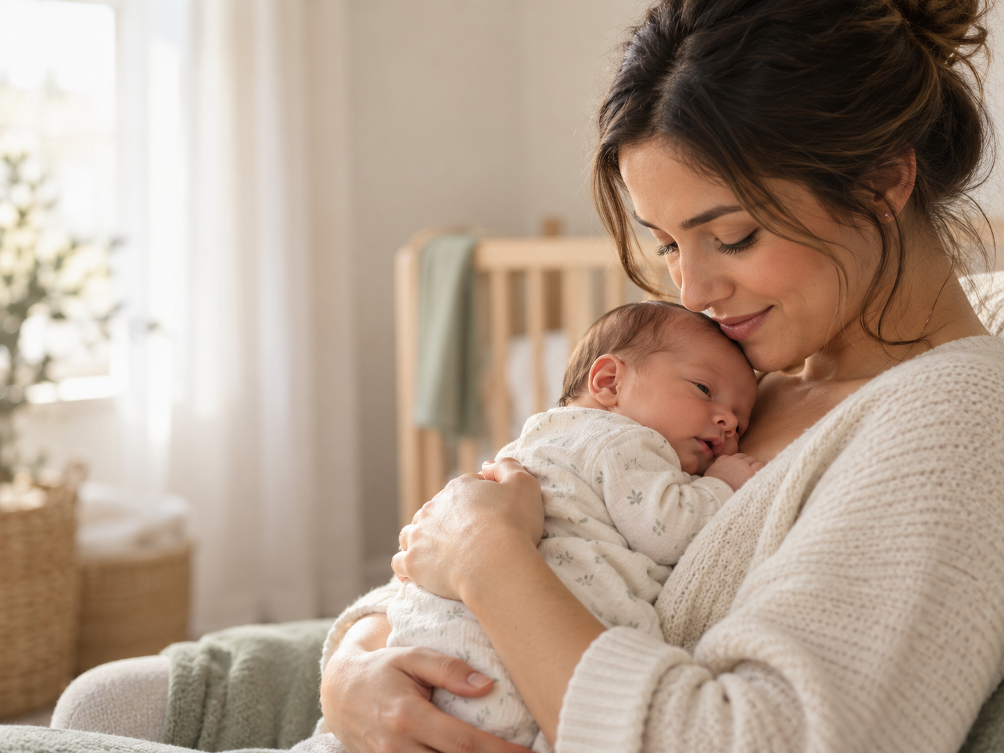 A parent gently holding and soothing their calm newborn